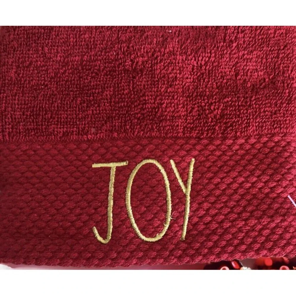 Rae Dunn Christmas Fingertip Towels Joy Red Gold Embroidered Set of 2 Bathroom